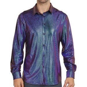 Men Dress Shirt Sequins Long Sleeve Button Down Shirt Luxury Disco Party Costume
